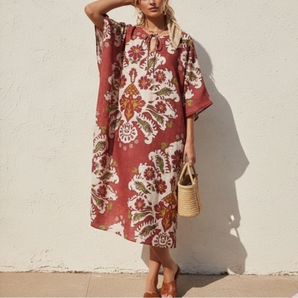 ZARA Printed Linen Blend Floral Kaftan Tunic Dress